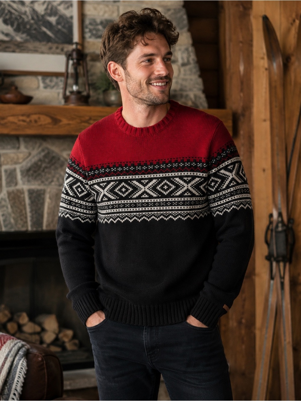Roots Canada Fair Isle Wool Blend Crewneck Sweater Red Black Large Winter Cabine